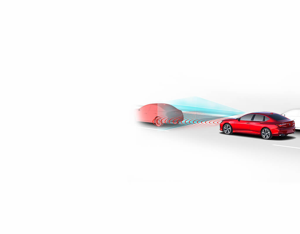 2023 Red Acura TLX Sedan with Collision Mitigation Braking Safety Diagram